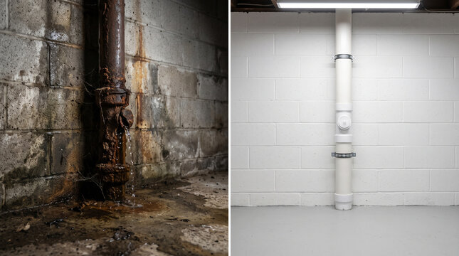 Before and after comparison showing old rusted leaking basement pipe next to new clean PVC plumbing system