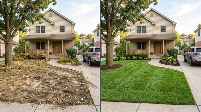 Before and after showing stunning residential front yard renovation with fresh sod and landscaping