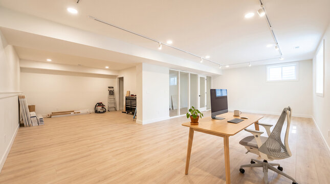 Bright modern finished basement space with recessed and track lighting ceiling for home office