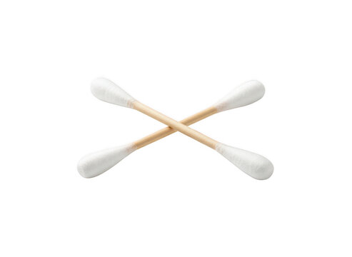 Two white cotton swabs with wooden sticks crossed over each other isolated on a solid black background, for medical or, hygiene concepts isolated on a transparent background