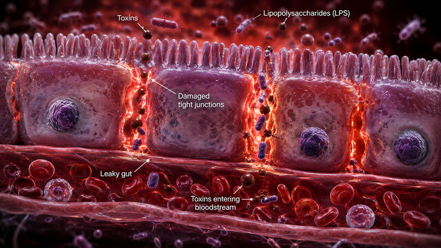 Leaky Gut Syndrome Diagram Damaged Tight Junctions and Toxins Entering Bloodstream