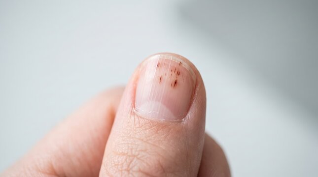 Close up of a human thumb fingernail displaying multiple splinter hemorrhages indicating underlying health issues