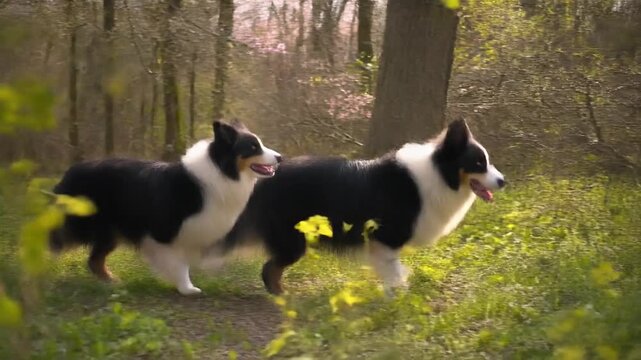 Border Collie dog running through a sunlit forest with yellow flowers during a playful chase