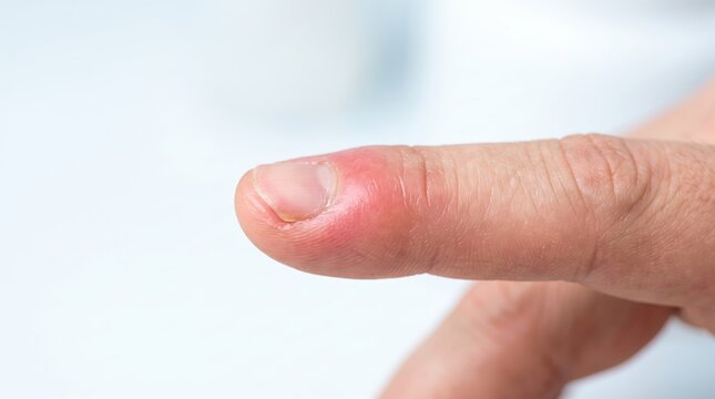 Close-up of a Painful Red Swollen Finger Cuticle Indicating Inflammation or Infection Like Paronychia