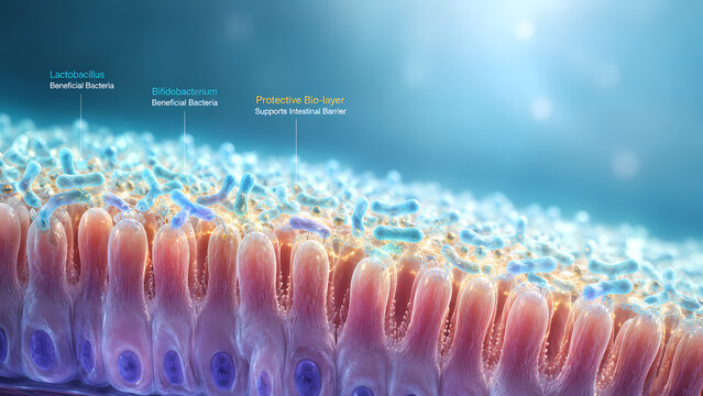 Luminous Intestinal Microbiome Infographic Diagram with Beneficial Bacteria Lactobacillus and Bifidobacterium