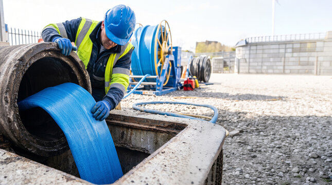 Construction worker inserting blue epoxy pipe liner into a manhole for sewer system repair