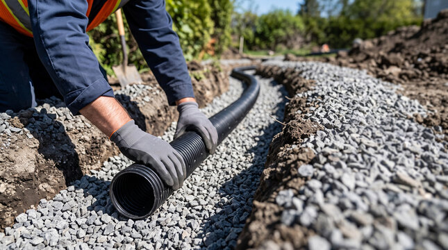 Construction worker installing black corrugated drainage pipe in a gravel trench for stormwater management