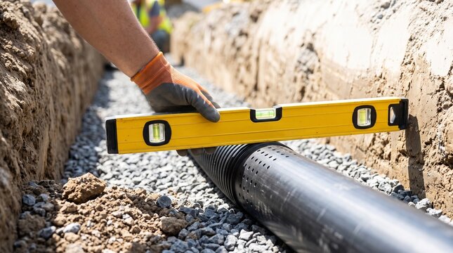 Construction worker using a spirit level to check drainage pipe alignment in trench