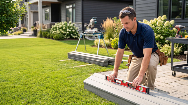 Contractor checking level of new composite deck board during backyard replacement project
