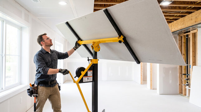 Contractor installing large drywall panel in unfinished basement using mechanical lift for ceiling installation