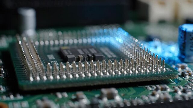 Microprocessor Circuit Board with Electronic Computer Processor Component and Metallic Pins, Blue Glow Scanning Hardware Socket Creating Futuristic