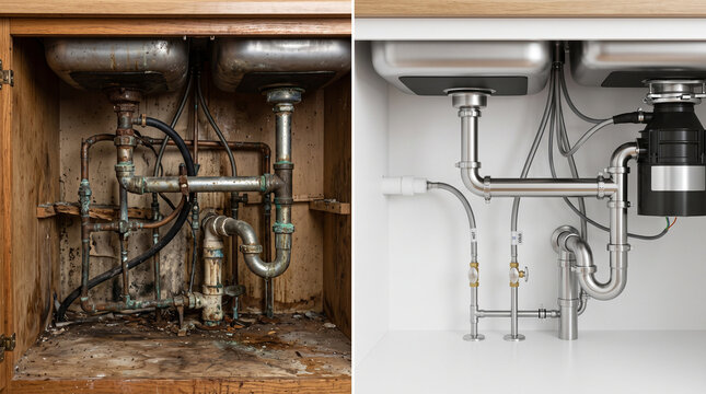 Contrasting old corroded messy plumbing with new clean organized kitchen sink pipes