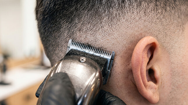 Barber using electric clipper for professional skin fade haircut on client's side head close-up