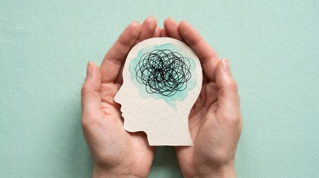 Two hands cupping a white paper cutout of a human head profile with a black ink scribble representing a tangled mind on a light mint green textured background