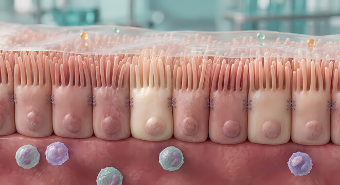 Intestinal Epithelial Cells with Tight Junctions Microvilli Brush Border and Immune Leukocytes