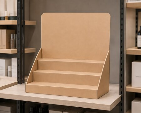 Empty cardboard tiered retail display stand on a store shelf for products