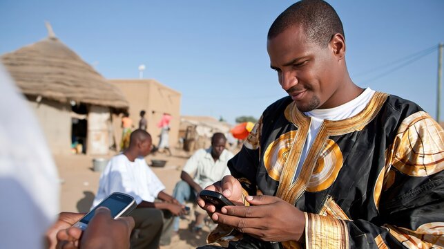 Man in traditional attire uses a mobile phone in a rural village setting.
