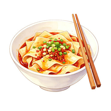  Spicy Wide Noodles (Biang Biang Mian)

- Watercolor Illustration of Chinese Biang Biang Mian Spicy Wide Noodles with Chili Oil and Scallion