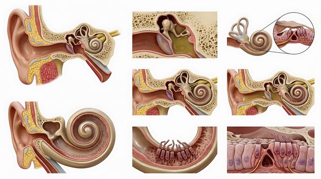 Collection of anatomical diagrams showing the structure of the human ear and inner cochlea