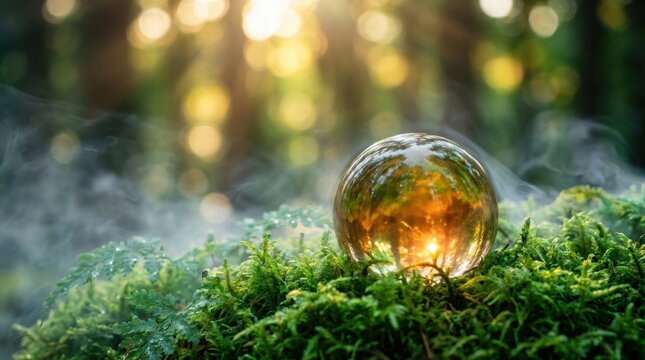 Glass crystal sphere glowing on lush green moss in magical forest