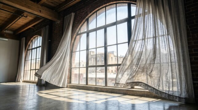 Industrial loft interior with large arched windows and blowing curtain