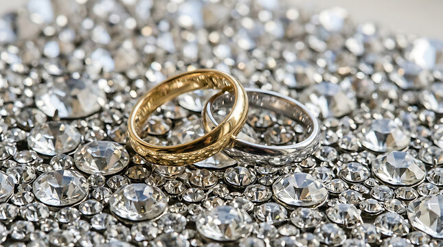 Golden Wedding Rings on Diamond Studded Surface.
