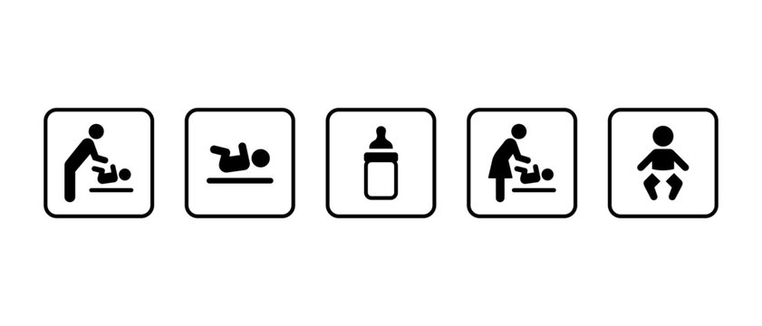 Baby Changing Station Vector Icons Set. Nursery Room Public Restroom Square Signs
