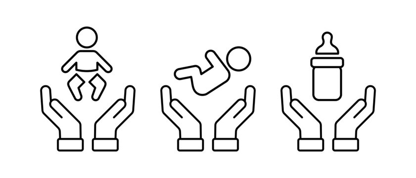 Hands Holding Baby Outline Vector Icon. Child Care, Protection and Pediatric Symbol