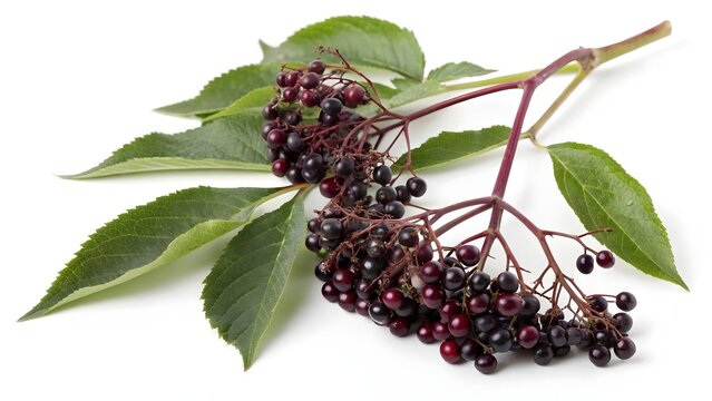 Elderberry branch loaded with small dark purple berries and green serrated leaves isolated on pure white background.
