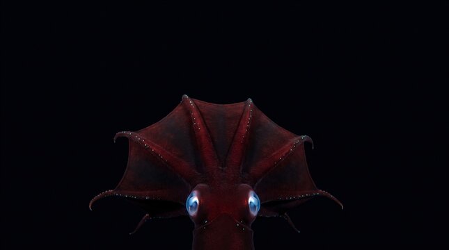 Vampyroteuthis Infernalis Vampire Squid Cephalopod in Deep Ocean Abyss with Flared Webbed Mantle and Blue Eyes for Ocean Zoology Aquatic Wildlife Education Banner and Vast Empty Dark Copy Space