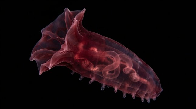 Enypniastes Eximia Pelagic Sea Cucumber Swimming in Abyssal Ocean Deep with Undulating Collar and Translucent Wine Red Body for Marine Biology Benthic Science Banner with Left Dark Copy Space