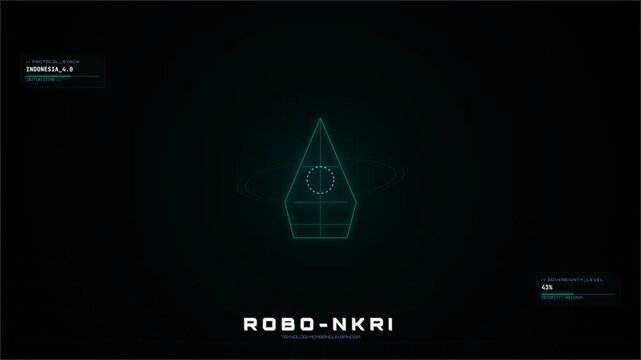 Robotics diagram displays a mechanical outline schematic on a dark digital interface.