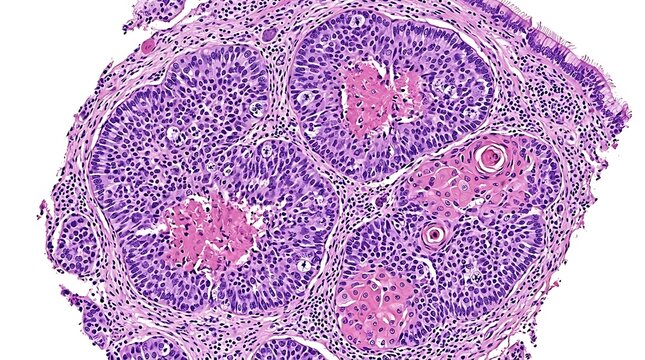 Microscopic image of squamous cell carcinoma tissue with basophilic cells and keratin pearls