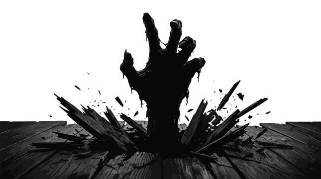 Sinister zombie hand breaking through wooden planks with dark shadows and high contrast dramatic lighting effects