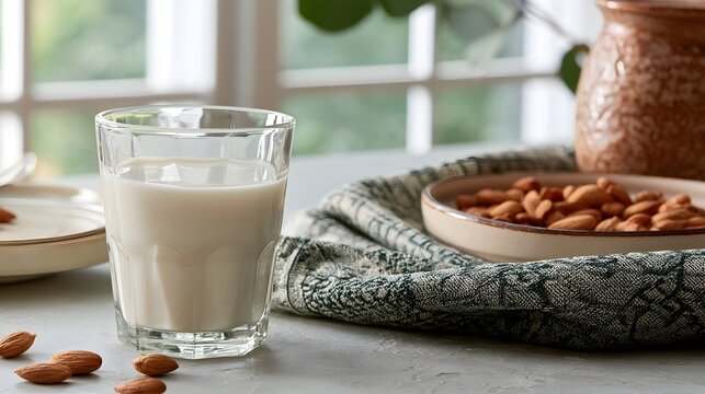 A glass of creamy almond milk sits beside a bowl of whole almonds on a patterned cloth near a window