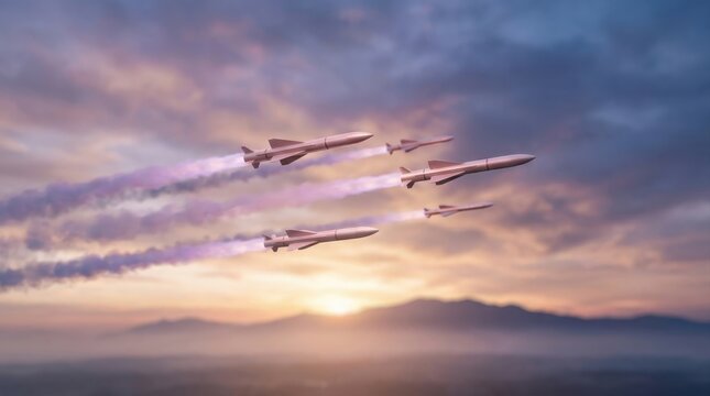Military missiles flying in formation through sunset clouds in sky