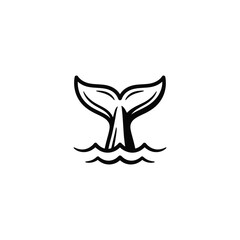 Whale tail fin emerging from ocean waves simple line art illustration. © h4kunA