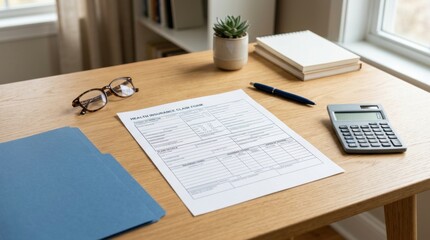 Obraz premium Health insurance claim form on a wooden desk with calculator, glasses, pen, folder, notebook and small plant by a window, creating a calm office scene for finance and healthcare paperwork