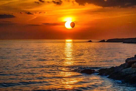 Partial solar eclipse over the ocean at sunset with golden light reflection moon