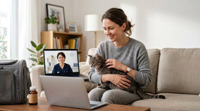 Smiling woman sitting on a sofa holding a cat while talking to a doctor on a laptop video call at home, with a travel bag and medicine bottle nearby in a calm living room for advertising and editorial
