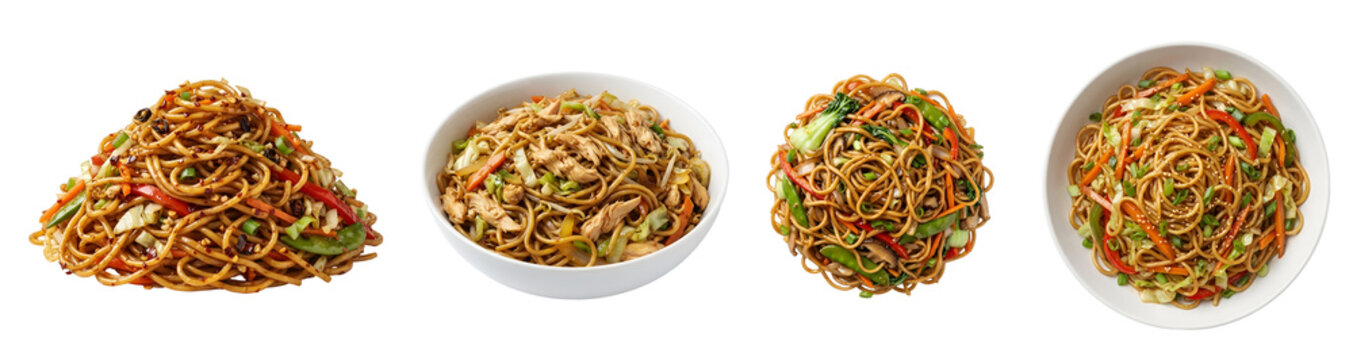 Delicious stir fried noodles with fresh vegetables and chicken served in various bowls and piles isolated on transparent background