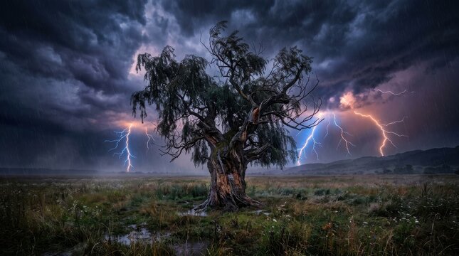 Dramatic thunderstorm with powerful lightning strikes illuminating a solitary ancient gnarled tree standing in a vast open dark moody countryside