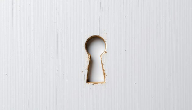 Close-up of a keyhole cut out in a white wooden surface with visible texture.