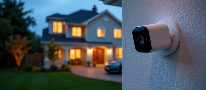 Home security camera mounted outside a suburban house illuminated at dusk.