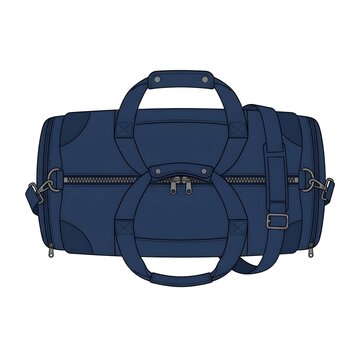 Blue duffel bag with black straps and zippers