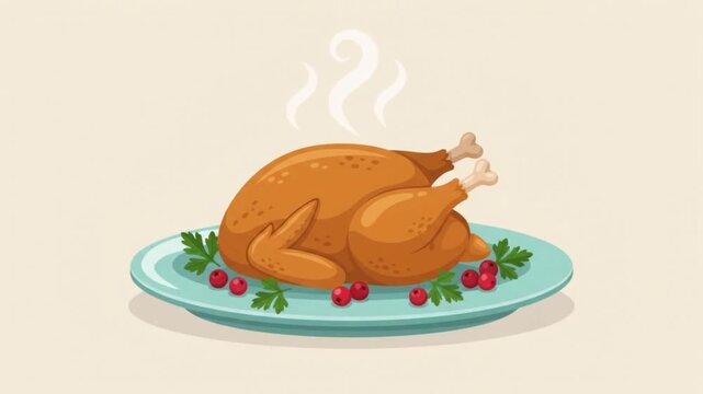 Roasted turkey garnished with fresh herbs and cranberries presented on a light blue ceramic plate with rising steam against a neutral background.