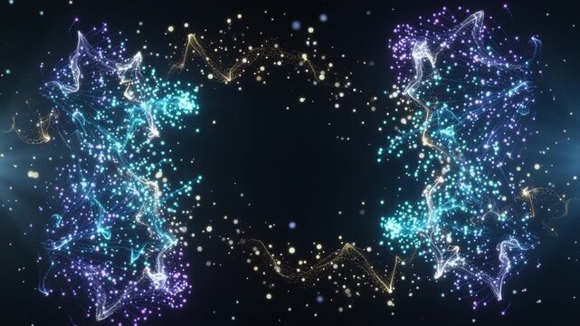 Glowing colorful particle border forming dynamic frame on dark background