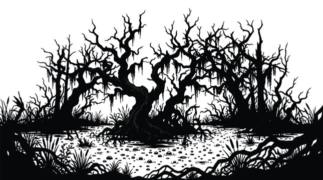 Twisted swamp trees with hanging moss stand in a dark spooky graphic black and white illustration