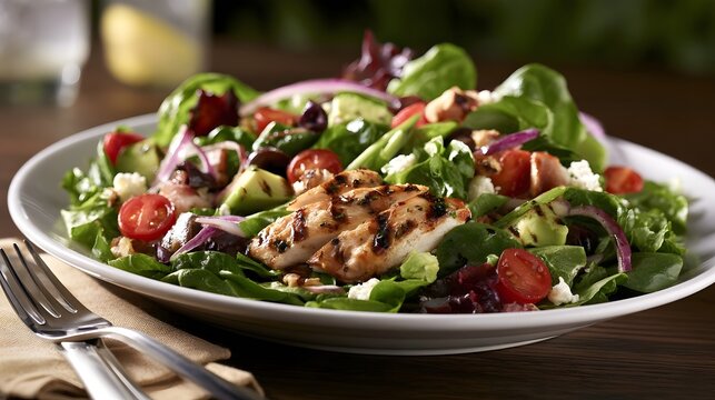 A vibrant grilled chicken salad with fresh greens  cherry tomatoes  avocado  red onion  and feta cheese on a white plate