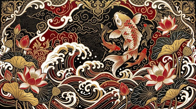 Japanese Koi Fish and Lotus Flowers in Traditional Red Black and Gold